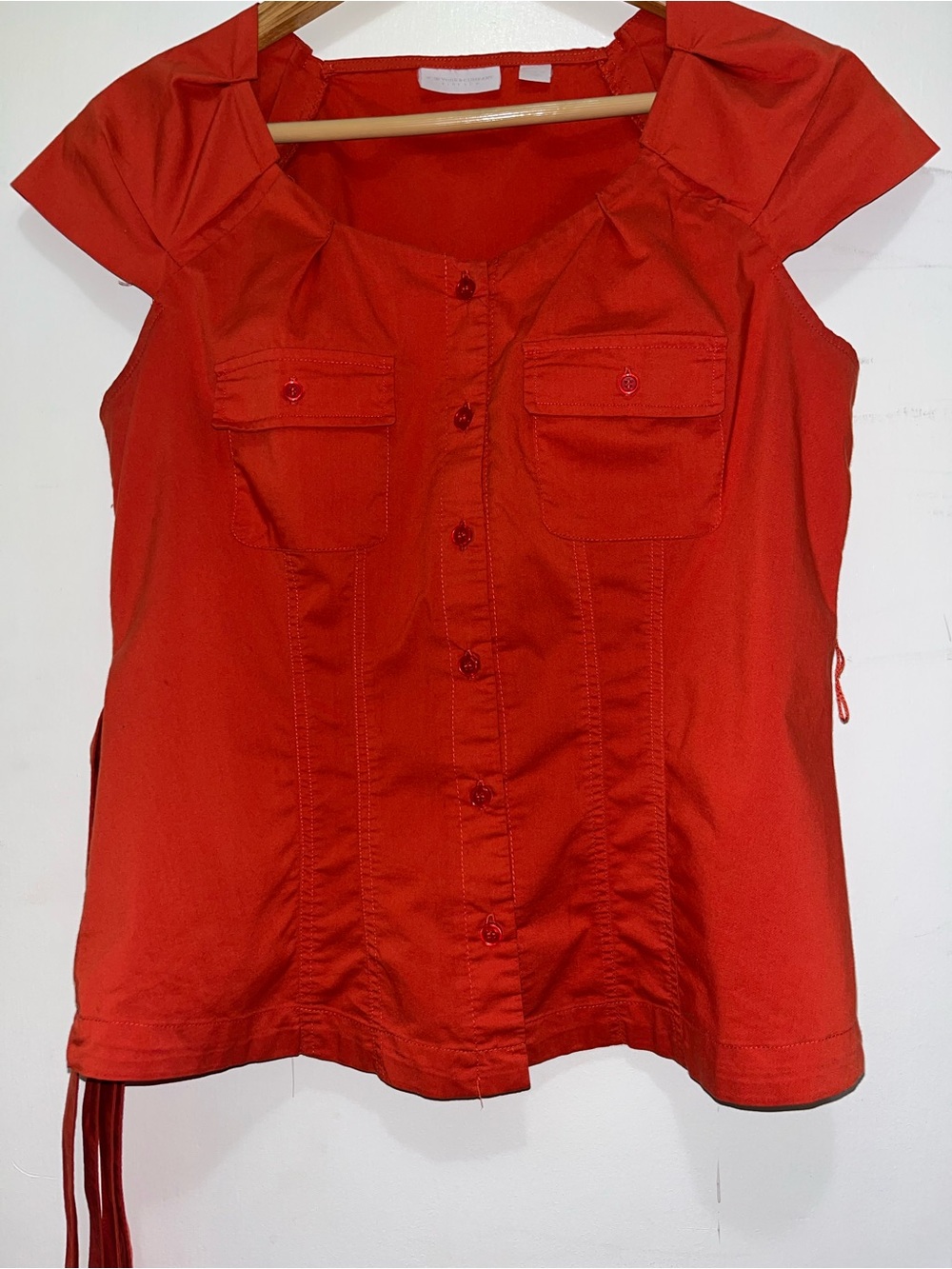 Stretch Cap Sleeve Button-Front Blouse - Dark Orange